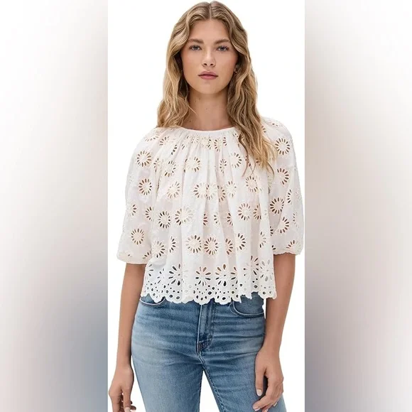 Madewell Embroidered Shirred Puff Sleeve Top - Picture 2 of 16